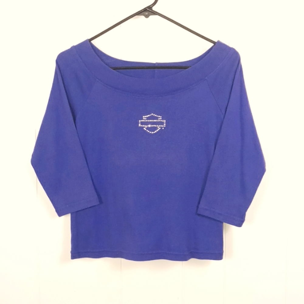🇺🇸 Harley Davidson Rhinestone Purple Top 3/4 Sleeve Women's Medium C88